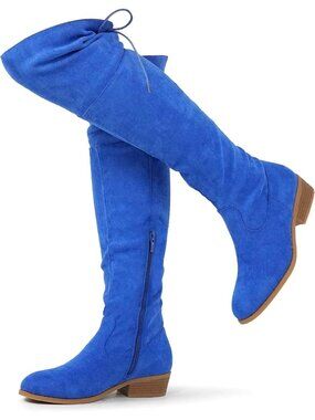 Women's Blue Faux Suede Thigh High Fashion Low Flat Over The Knee Heel Boots